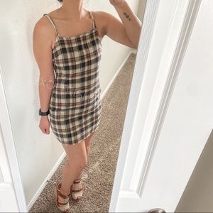 Romwe Plaid flannel tan black brown mini cami dress